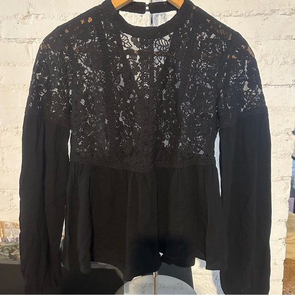 Forever 21 Black Whimsigoth Peplum Long Bishop Sleeve Mesh Top Size Small - Picture 2 of 15